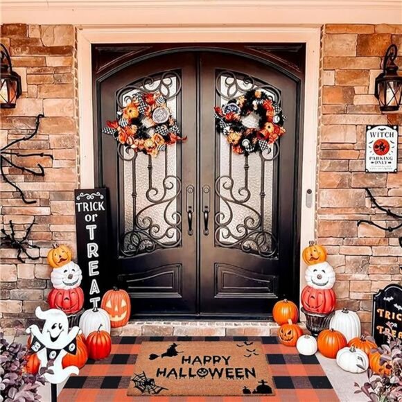 Halloween Decor Doormat Combo Set 100% Coco Coir Welcome Mat+ 3' x 5' Plaid Rug